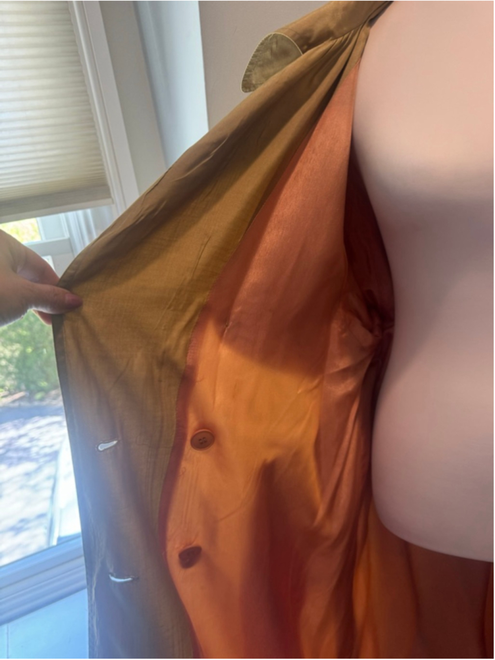 Vintage Silk Trench Coat Gold Bronze olive Iridescent Belted Duster Women’s L - Picture 16 of 16